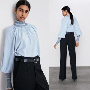 Zara Smocked Light Blue Puff Turtleneck Blouse - Large
